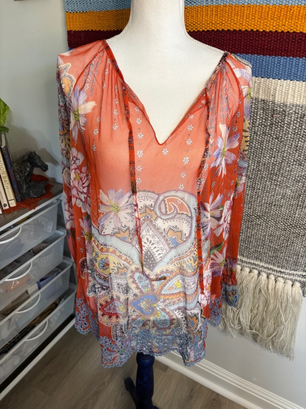 Johnny Was Orange Floral Paisley V-Neck Sheer Blouse Medium